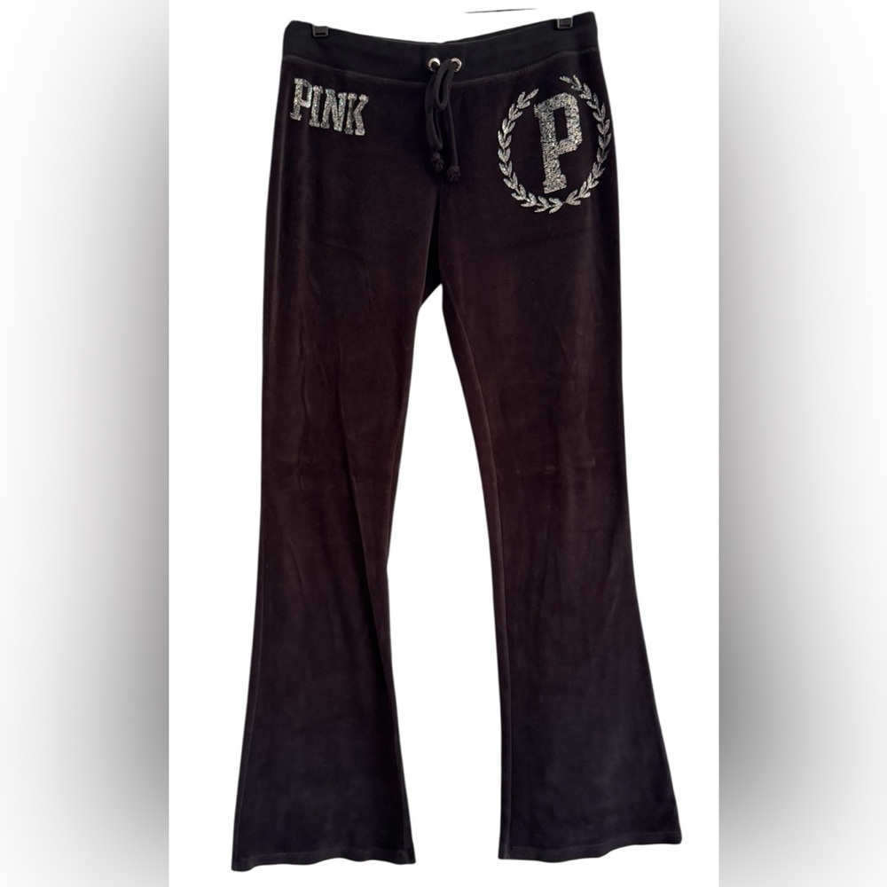 PINK Victoria's Secret Black Velour Boot Cut Pants with Silver Logo